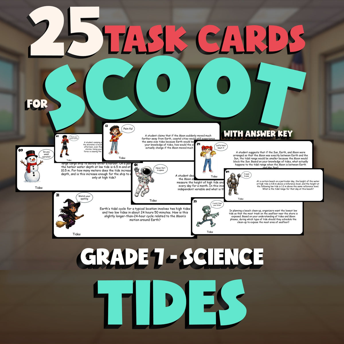 Tides SCOOT TASK CARDS Science Game - No Prep Grade 7 Review Activity