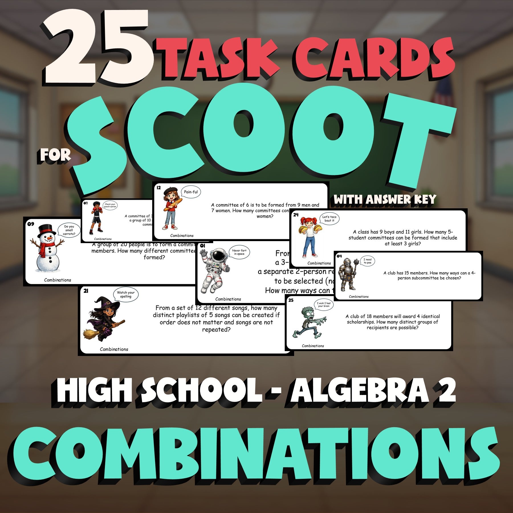 Combinations SCOOT TASK CARDS Math Game - No Prep Algebra 2 Review Activity