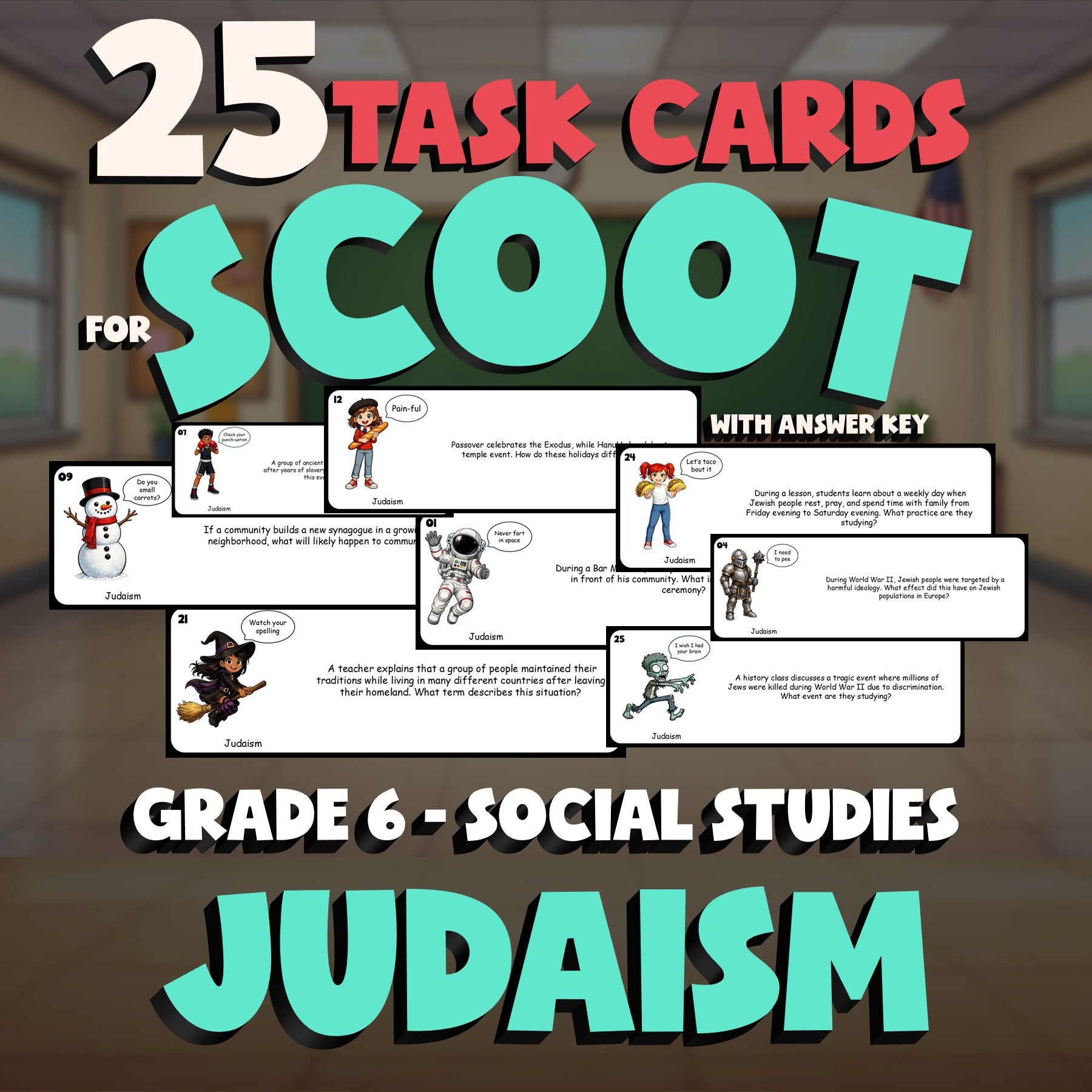 Judaism SCOOT TASK CARDS Socials Game - No Prep Grade 6 Review Activity