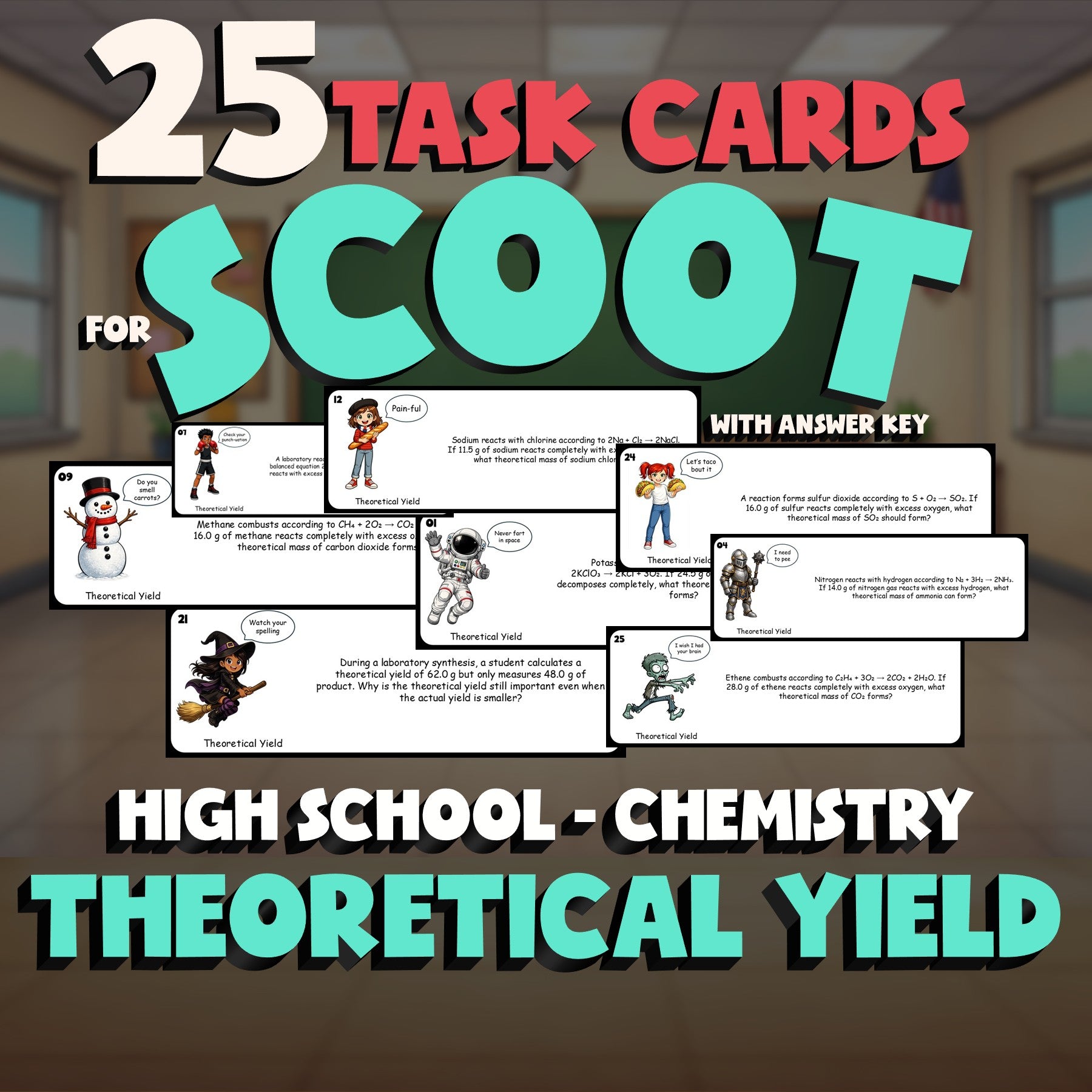 Theoretical Yield SCOOT TASK CARDS Science Game - No Prep Chemistry Review