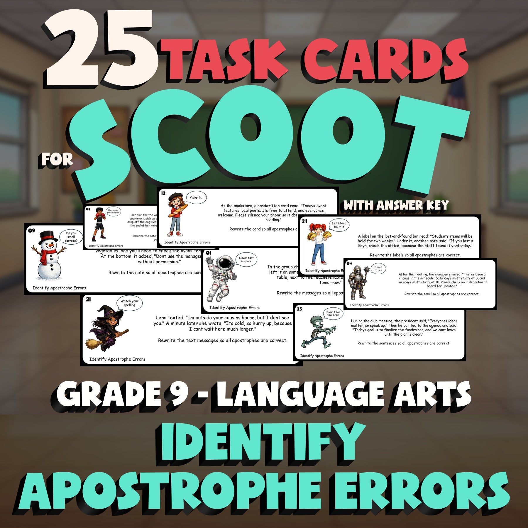 Identify Apostrophe Errors SCOOT TASK CARDS ELA Game - No Prep Grade 9 Review