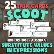 Substitute Values in Expressions SCOOT TASK CARDS Math Game - No Prep Algebra 1