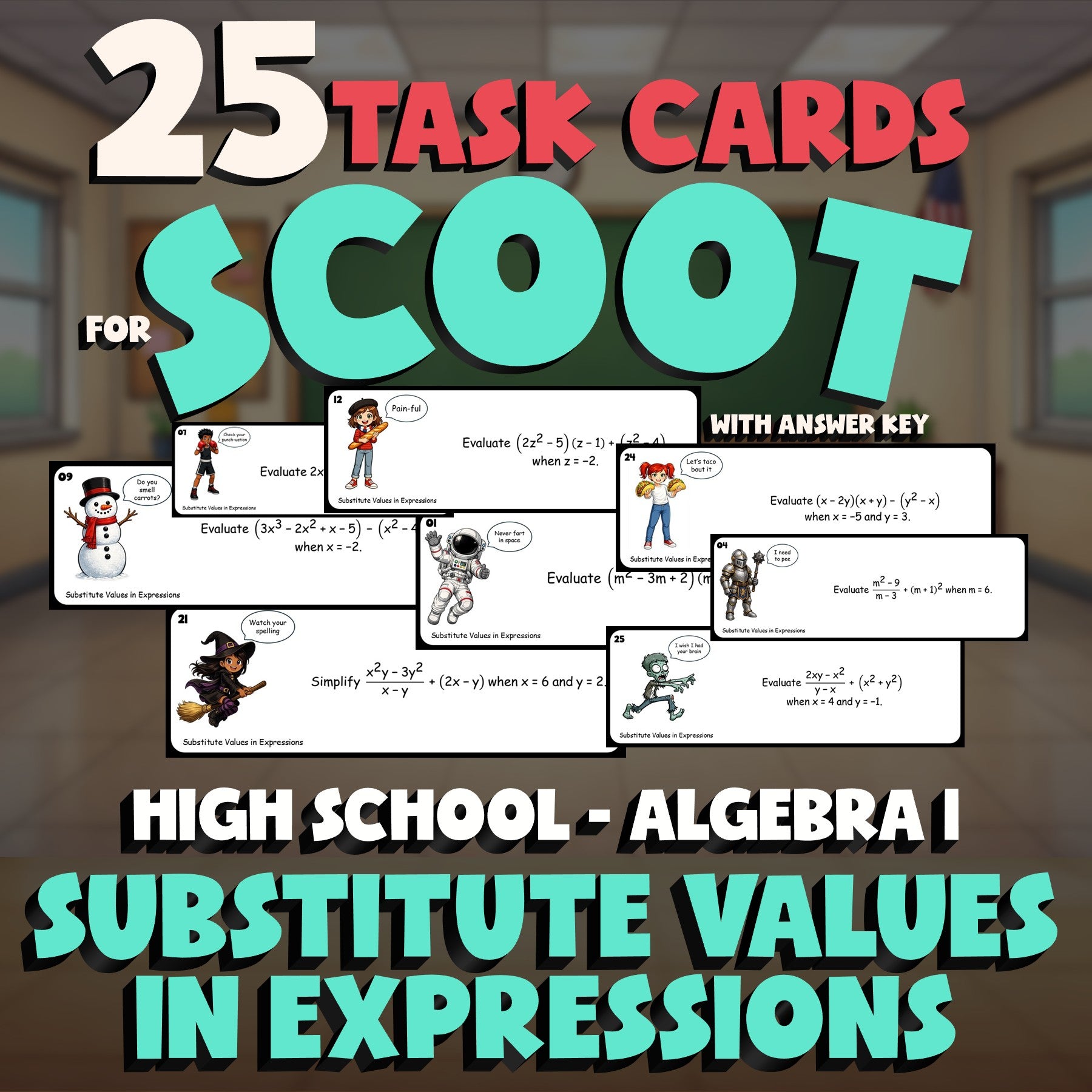 Substitute Values in Expressions SCOOT TASK CARDS Math Game - No Prep Algebra 1