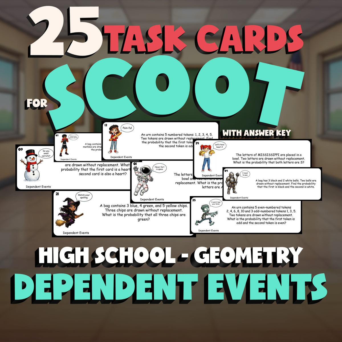 Dependent Events SCOOT TASK CARDS Math Game - No Prep Geometry Review Activity