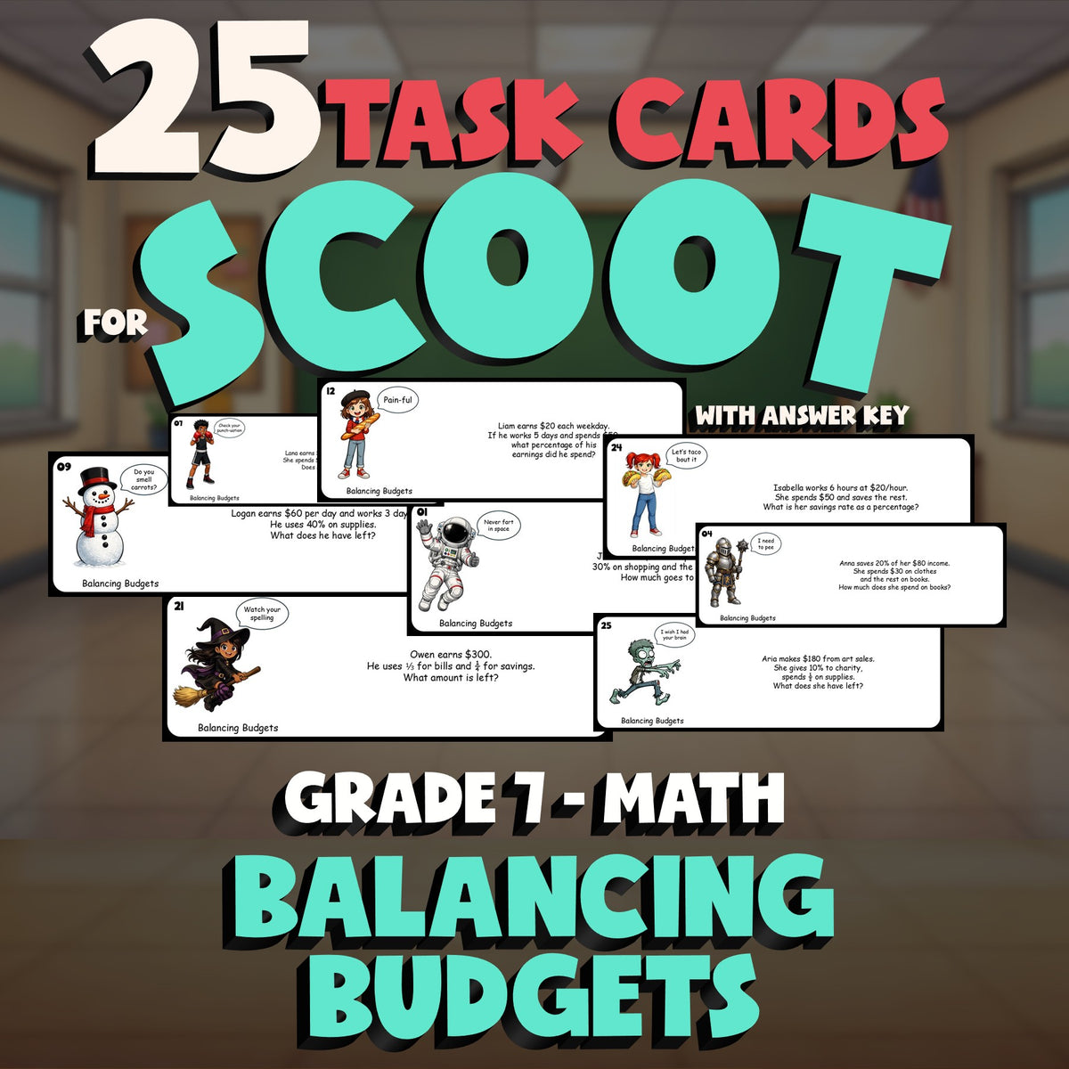 Balancing Budgets SCOOT TASK CARDS Math Game - No Prep Grade 7 Review Activity