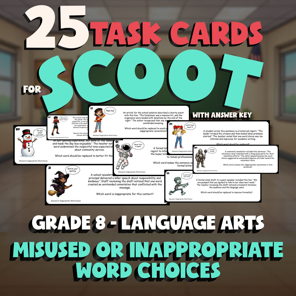Misused or Inappropriate Word Choices SCOOT TASK CARDS ELA Game - Grade 8