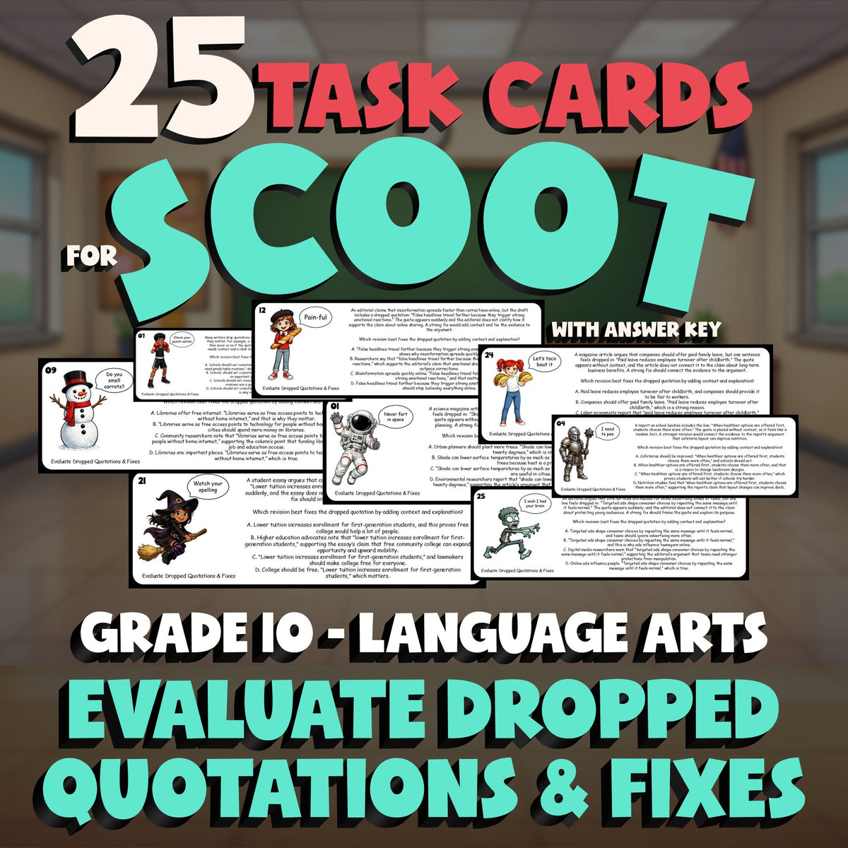 Evaluate Dropped Quotations & Fixes SCOOT TASK CARDS ELA Game - No Prep Grade 10