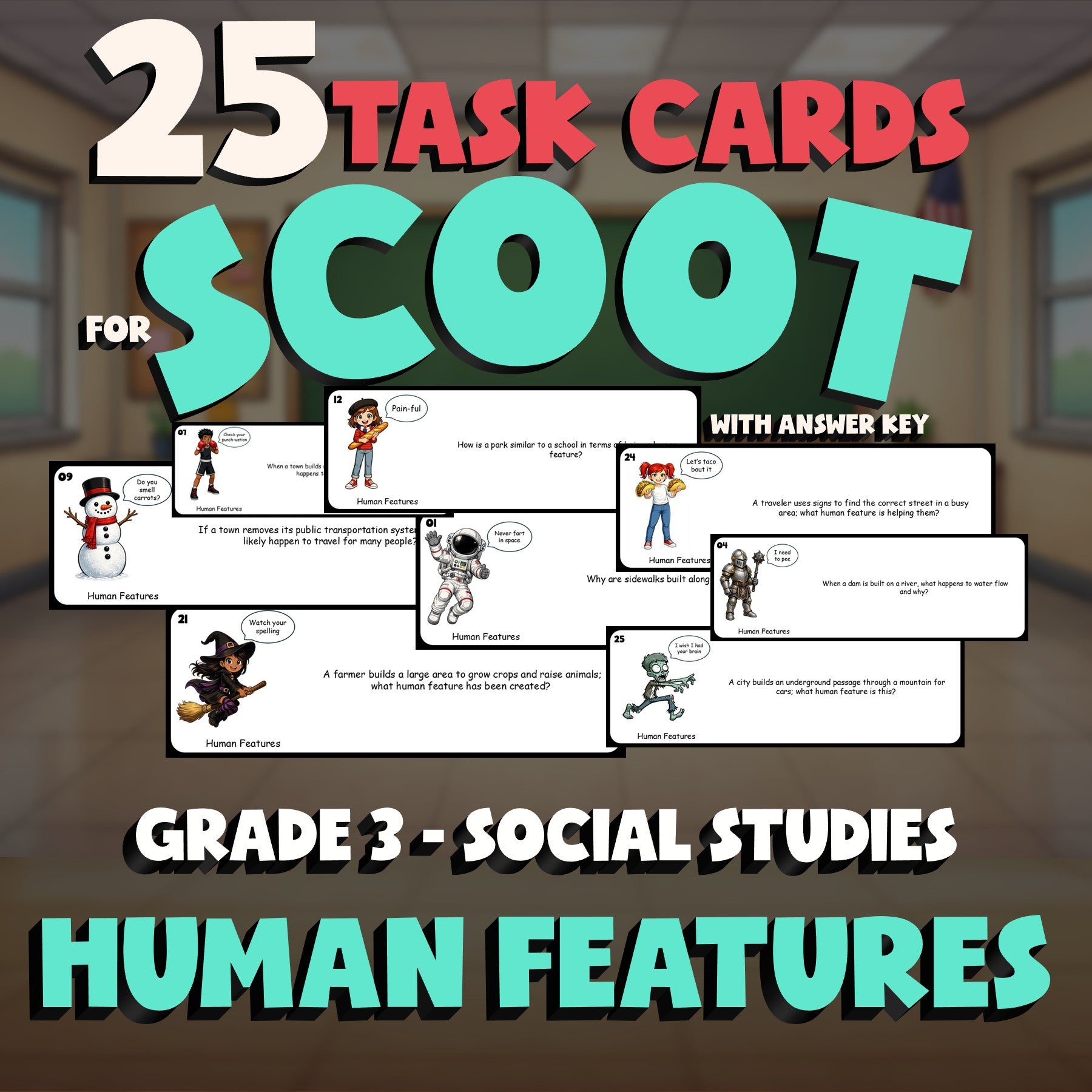 Human Features SCOOT TASK CARDS Socials Game - No Prep Grade 3 Review Activity