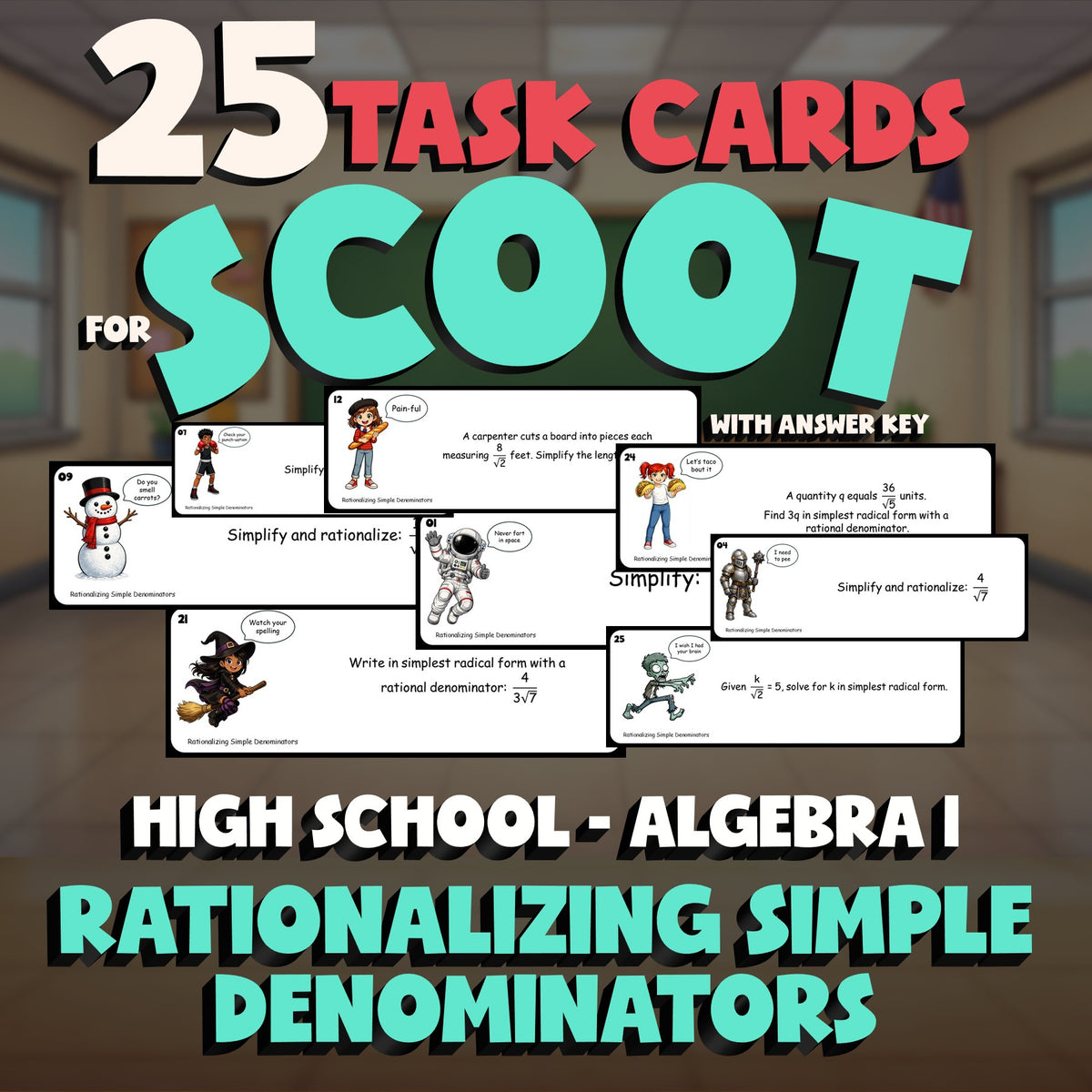 Rationalizing Simple Denominators SCOOT TASK CARDS Math Game - No Prep Algebra 1