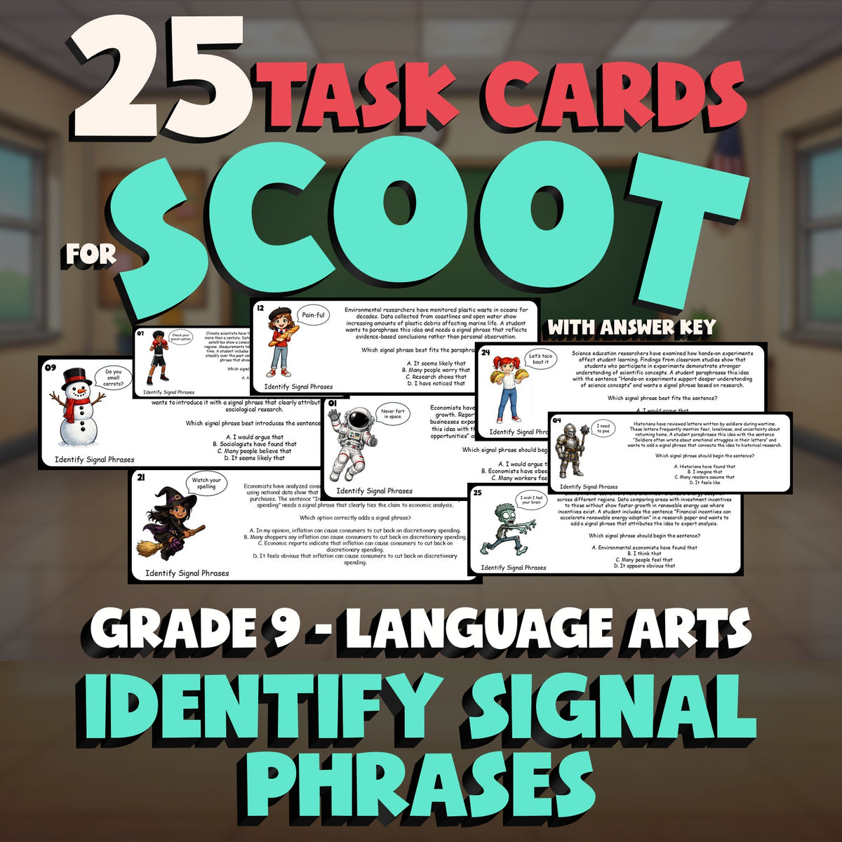 Identify Signal Phrases SCOOT TASK CARDS ELA Game - No Prep Grade 9 Review