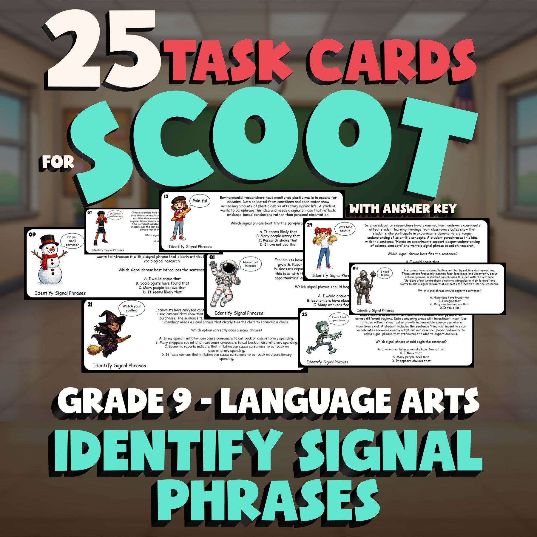 Identify Signal Phrases SCOOT TASK CARDS ELA Game - No Prep Grade 9 Review