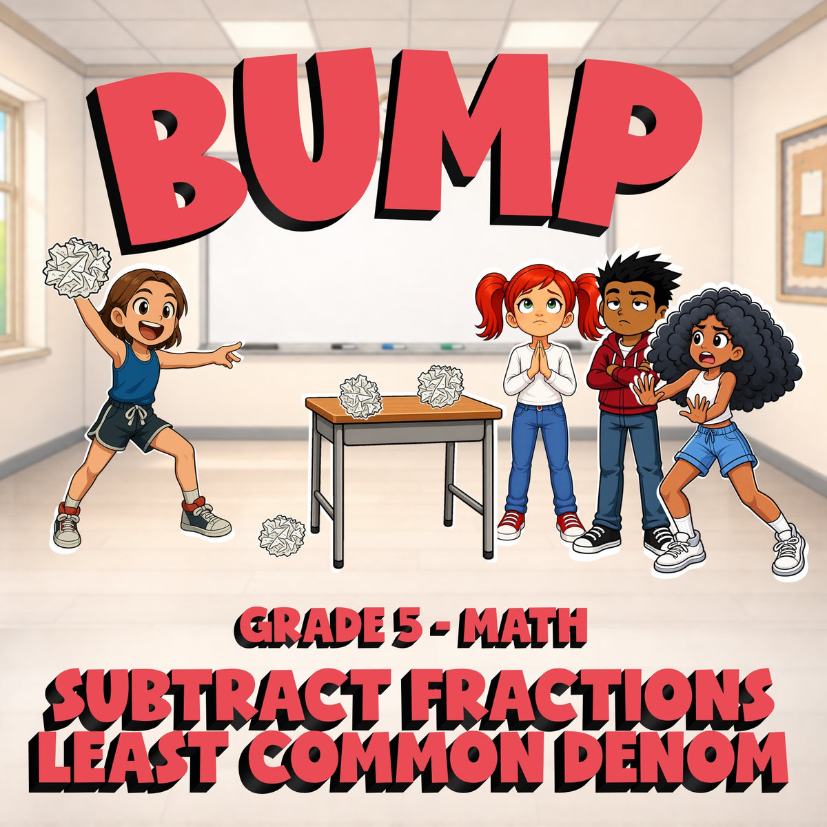 Subtract Fractions Least Common Denom BUMP Math Game - No Prep Grade 5 Review