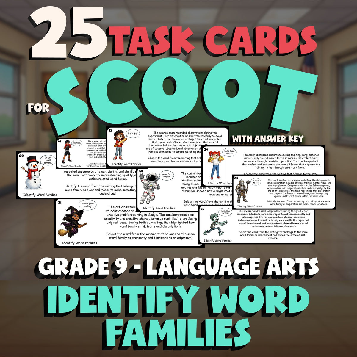 Identify Word Families SCOOT TASK CARDS ELA Game - No Prep Grade 9 Review