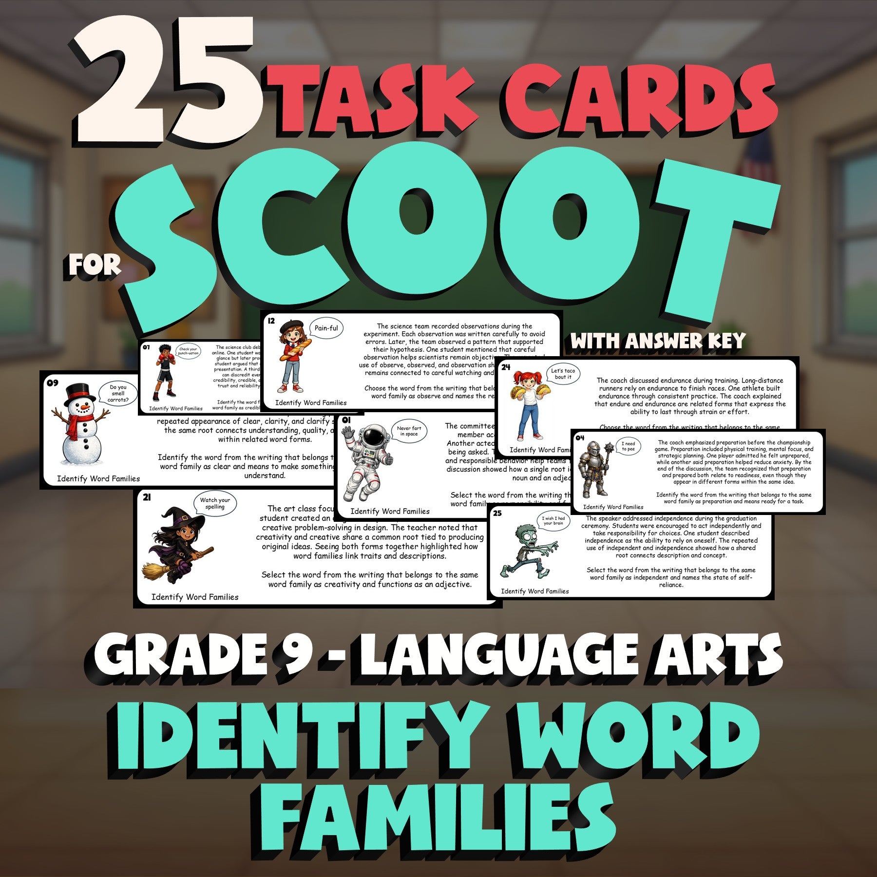 Identify Word Families SCOOT TASK CARDS ELA Game - No Prep Grade 9 Review