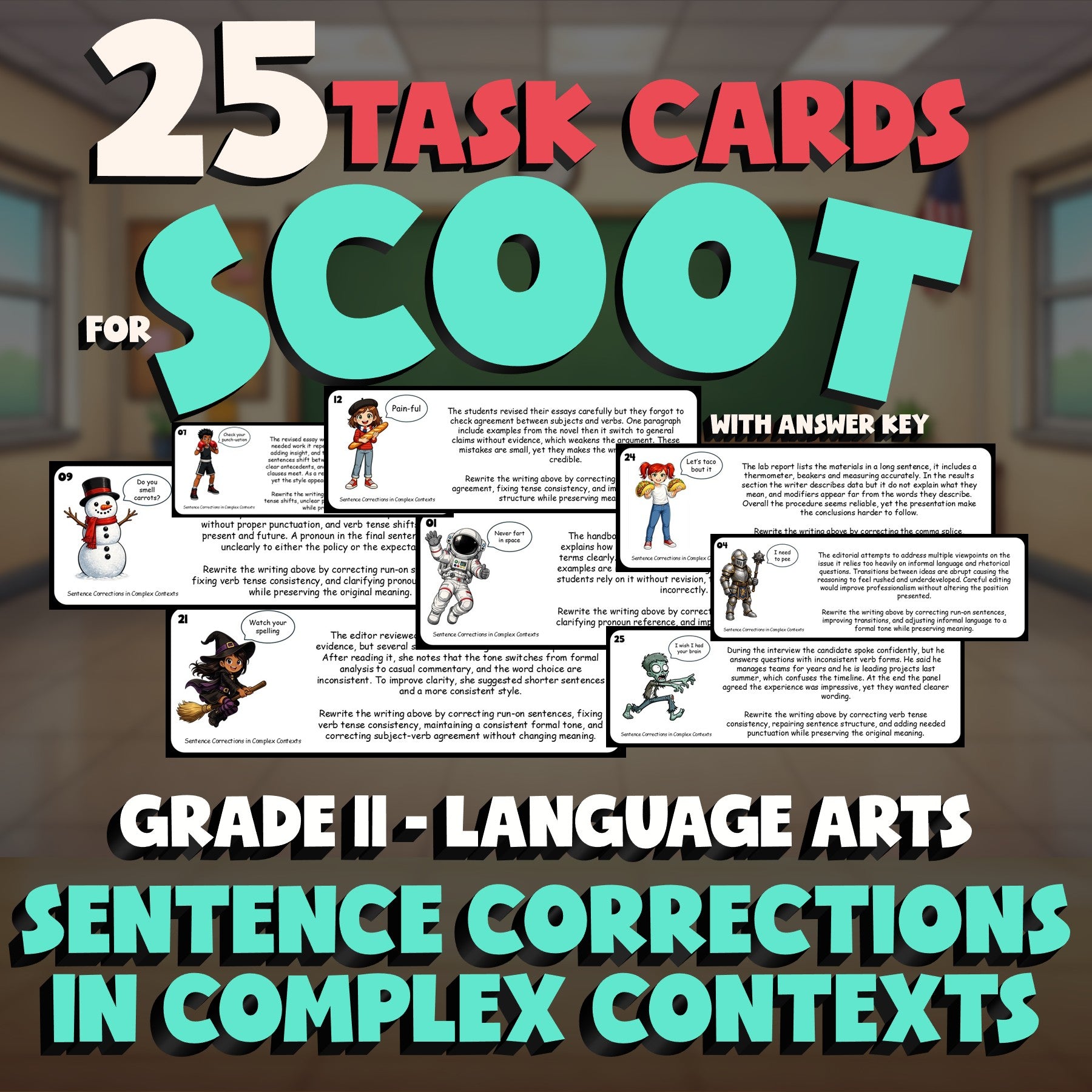 Sentence Corrections in Complex Contexts SCOOT TASK CARDS ELA Game - Grade 11