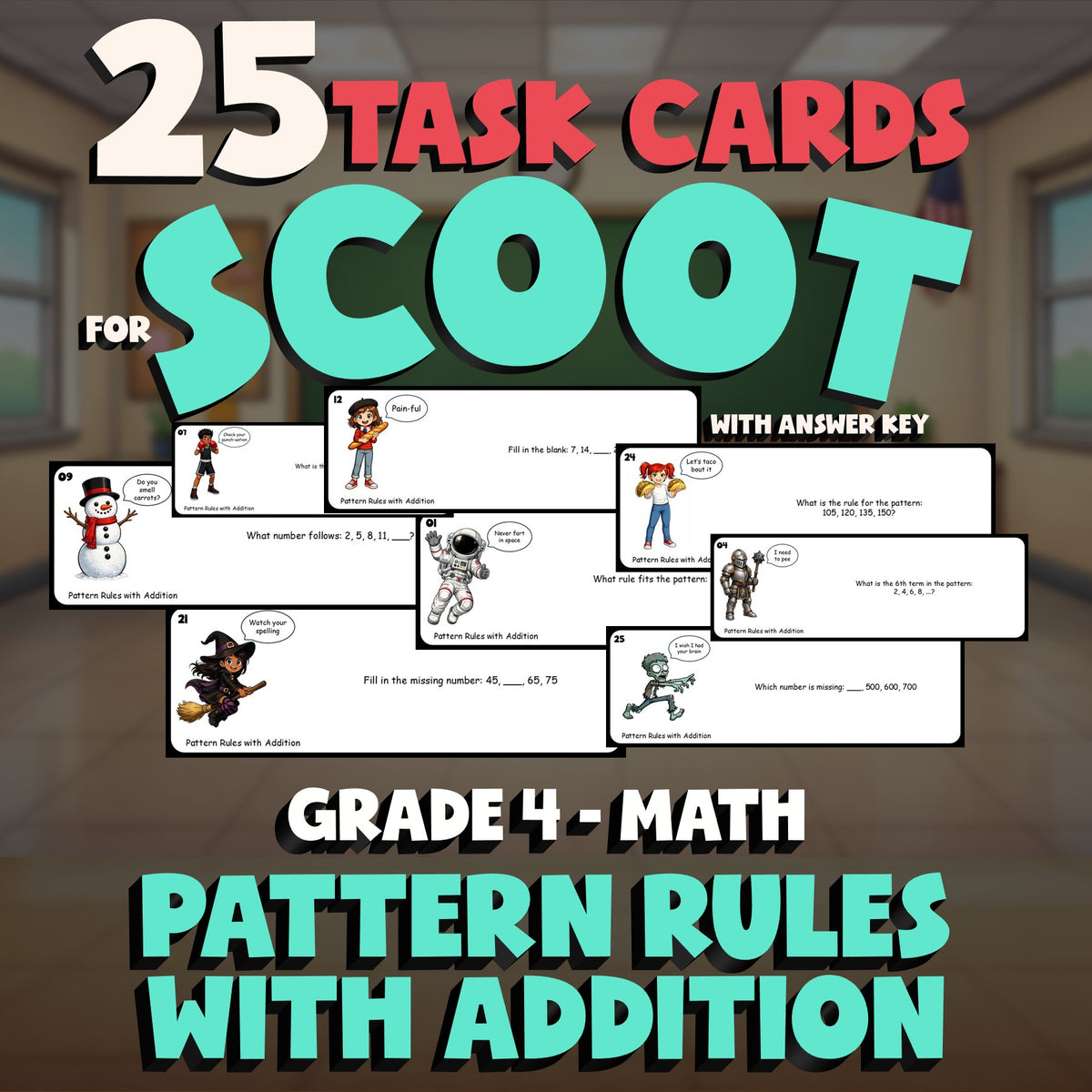 Pattern Rules with Addition SCOOT TASK CARDS Math Game - No Prep Grade 4 Review