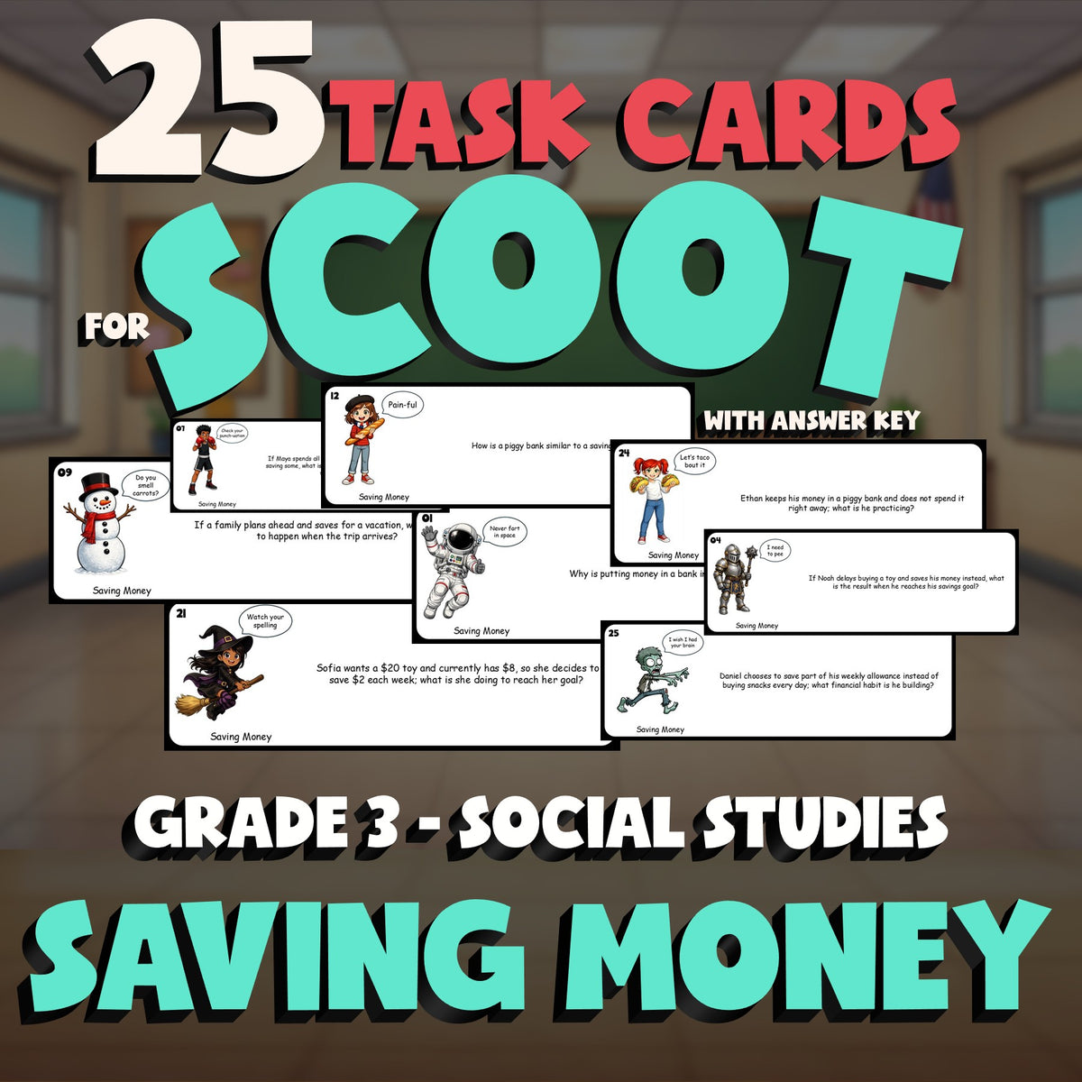 Saving Money SCOOT TASK CARDS Socials Game - No Prep Grade 3 Review Activity