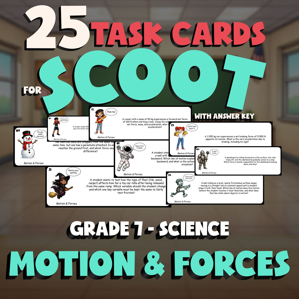 Motion & Forces SCOOT TASK CARDS Science Game - No Prep Grade 7 Review Activity