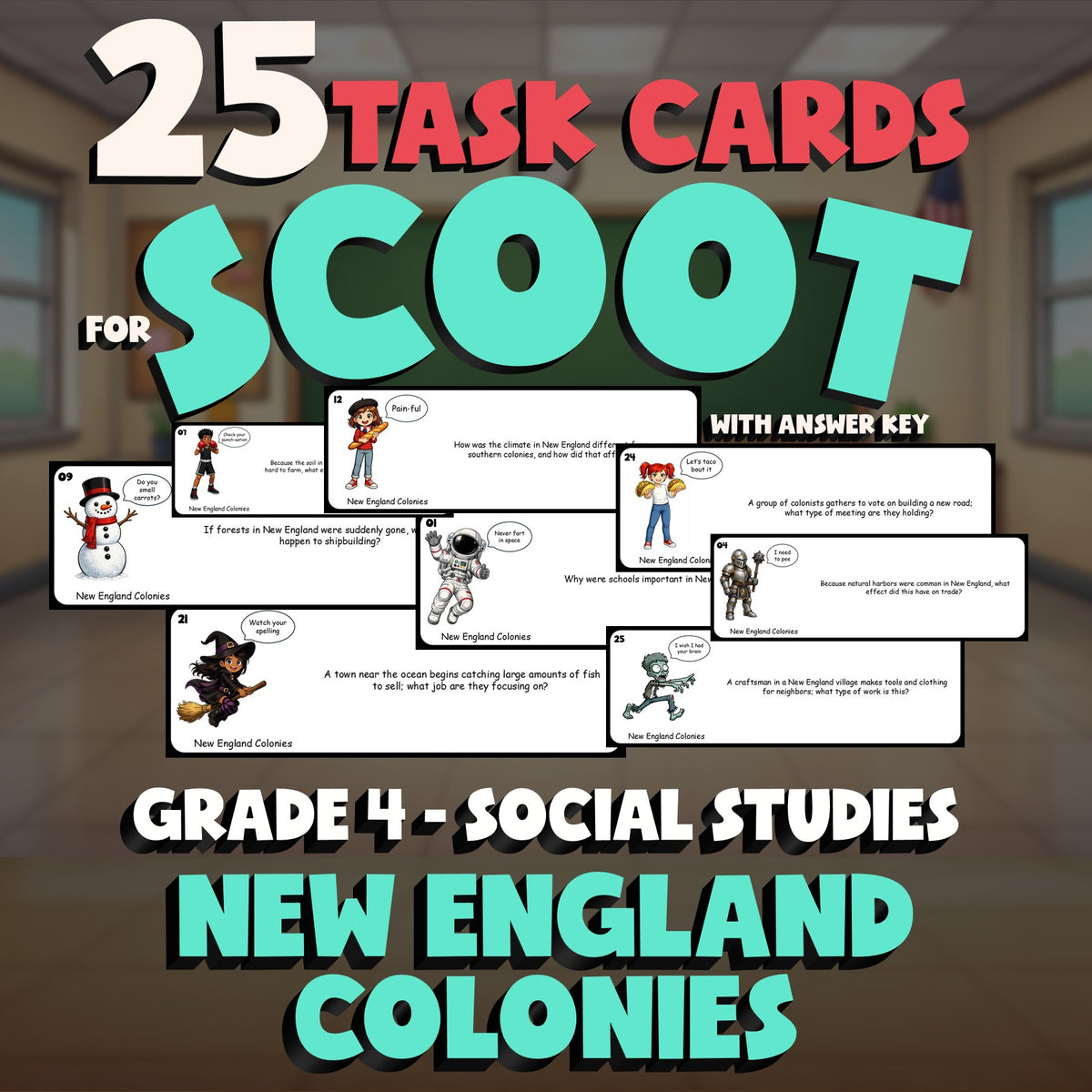 New England Colonies SCOOT TASK CARDS Socials Game - No Prep Grade 4 Review