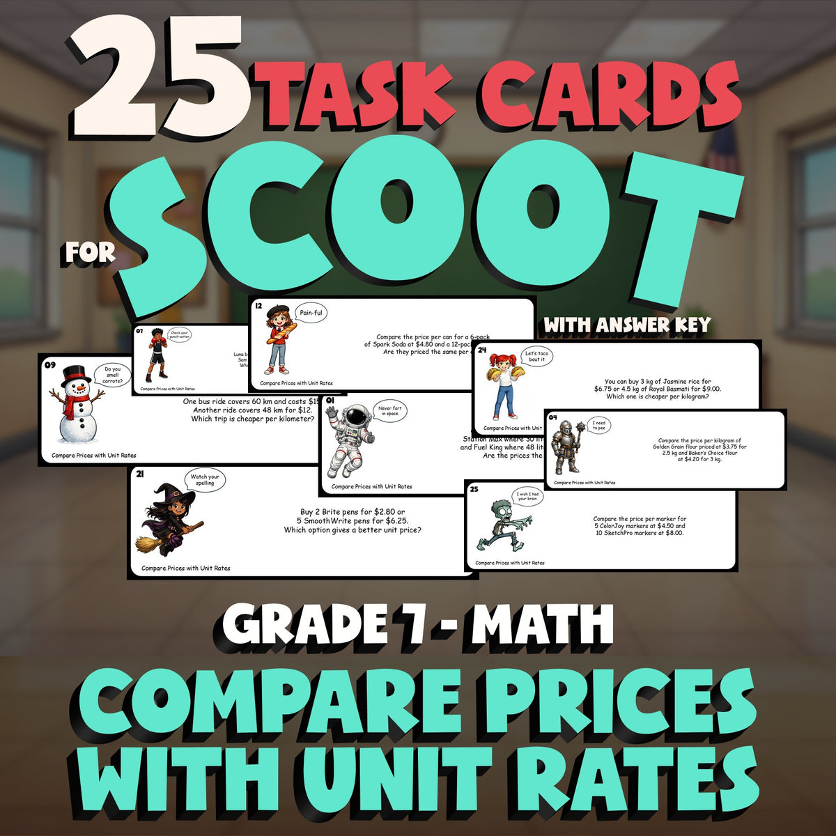 Compare Prices with Unit Rates SCOOT TASK CARDS Math Game - No Prep Grade 7