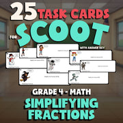 Simplifying Fractions SCOOT TASK CARDS Math Game - No Prep Grade 4 Review