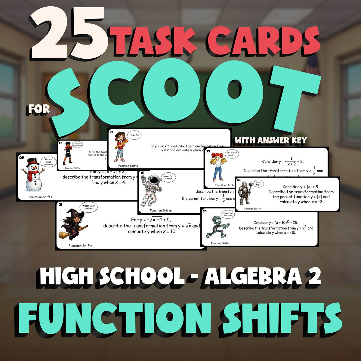 Function Shifts SCOOT TASK CARDS Math Game - No Prep Algebra 2 Review Activity