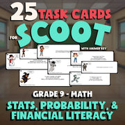Stats, Probability, & Financial Literacy SCOOT TASK CARDS Math Game - Grade 9