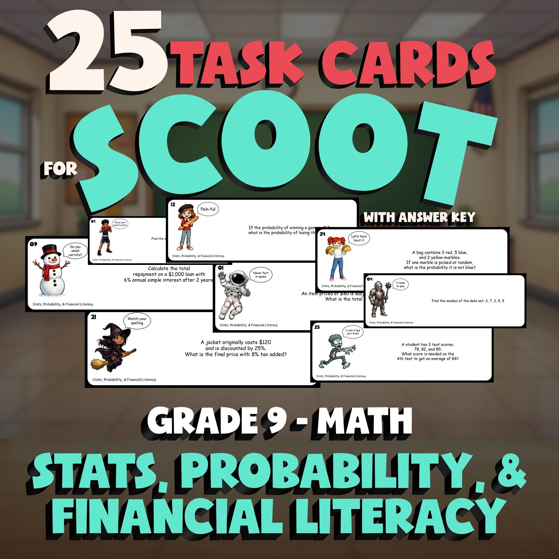 Stats, Probability, & Financial Literacy SCOOT TASK CARDS Math Game - Grade 9