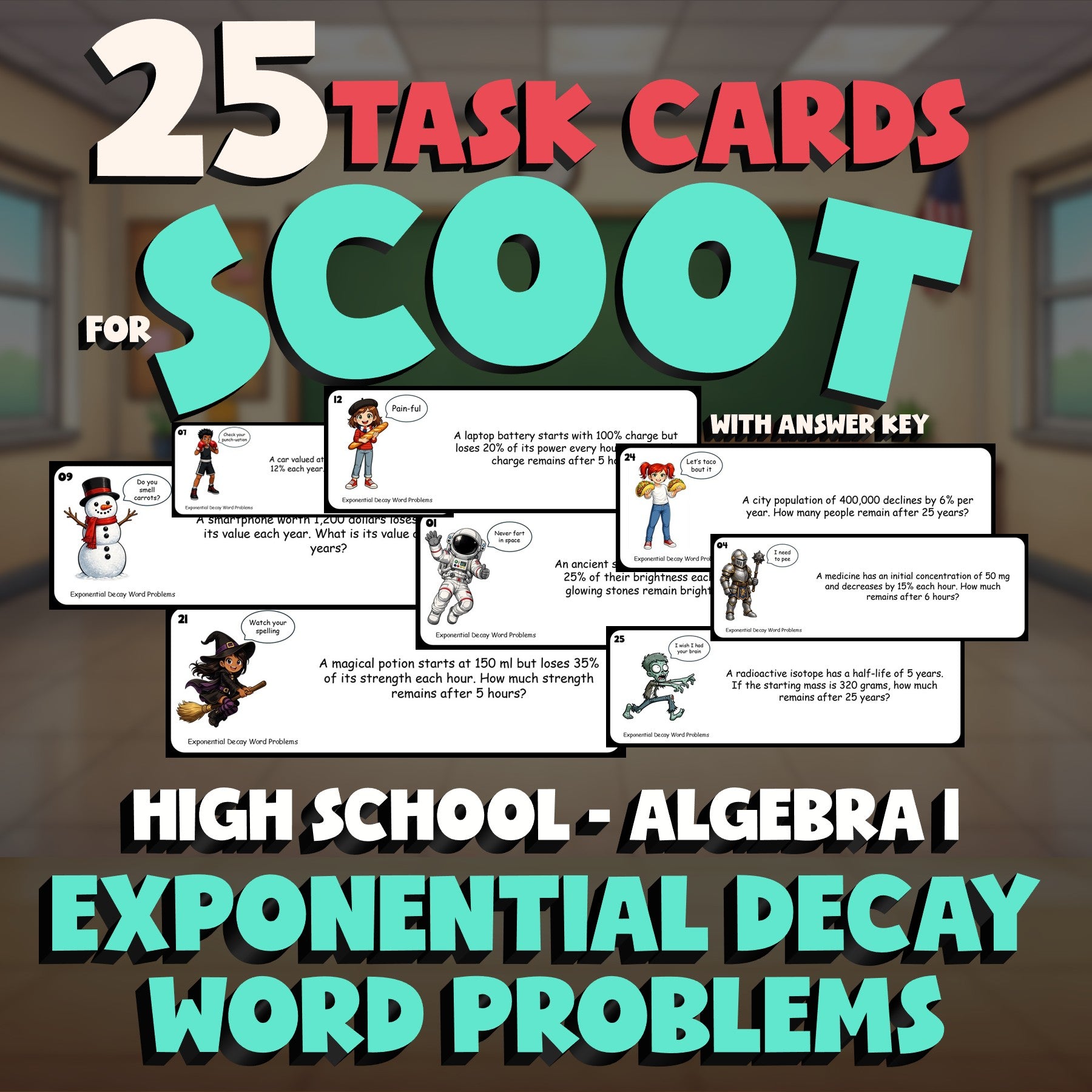 Exponential Decay Word Problems SCOOT TASK CARDS Math Game - No Prep Algebra 1