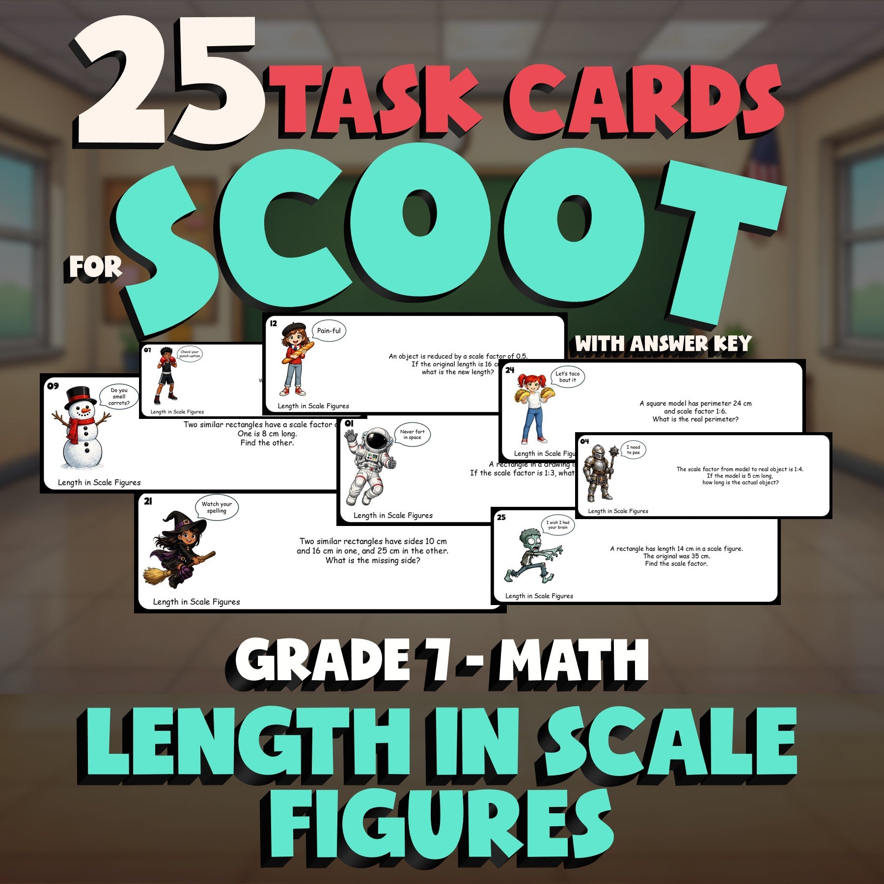 Length in Scale Figures SCOOT TASK CARDS Math Game - No Prep Grade 7 Review