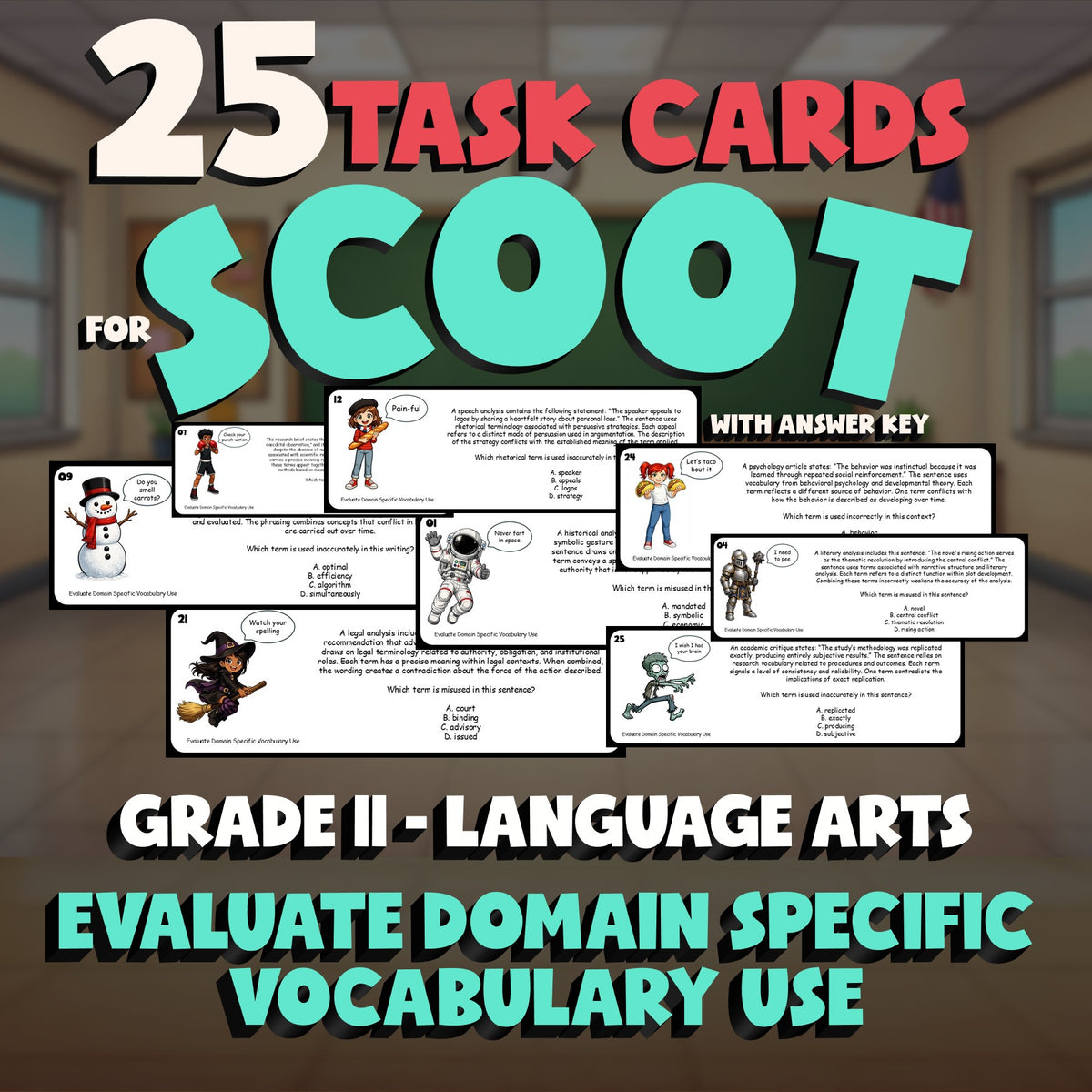 Evaluate Domain Specific Vocabulary Use SCOOT TASK CARDS ELA Game - Grade 11