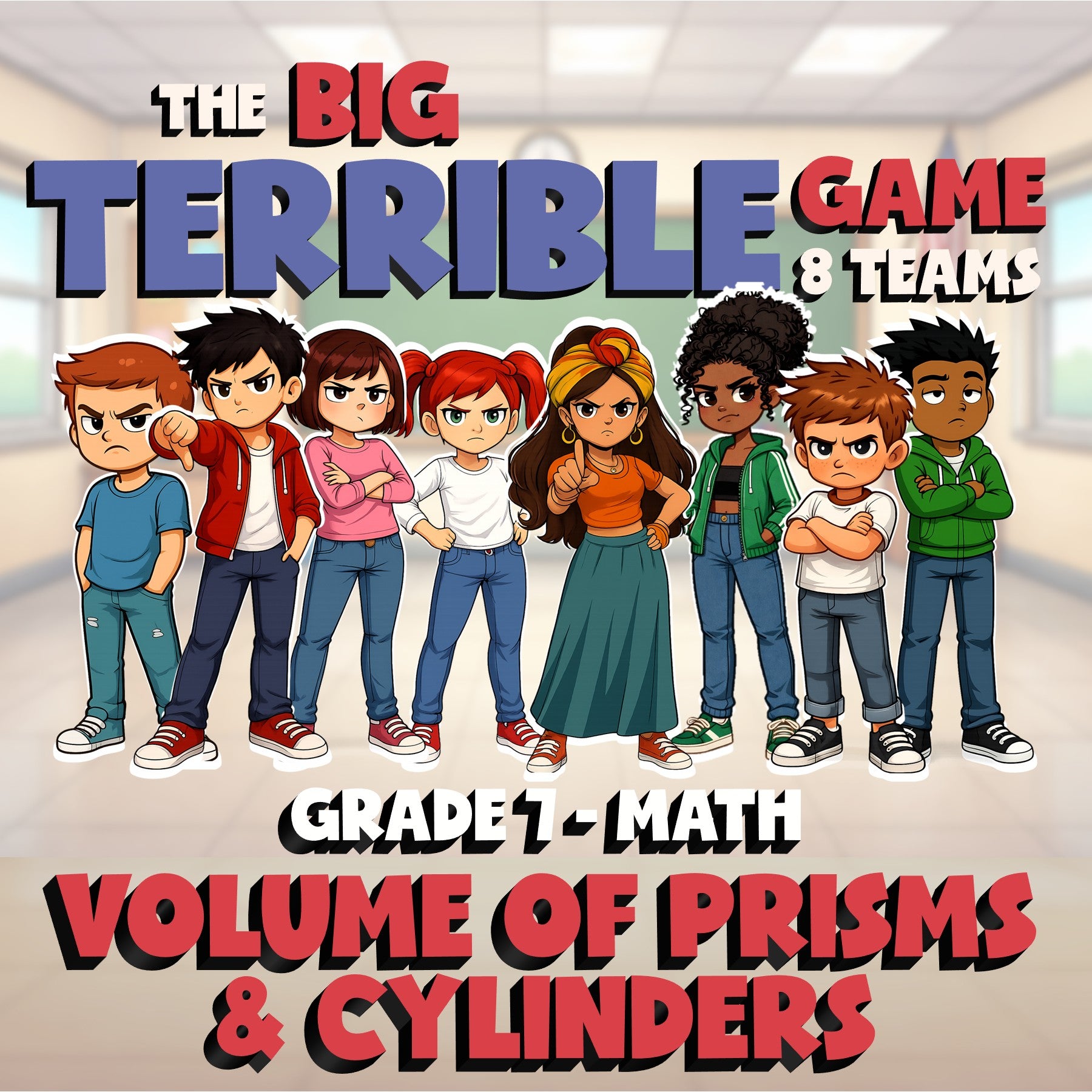 Volume of Prisms & Cylinders BIG TERRIBLE GAME - No Prep Grade 7 Math Review