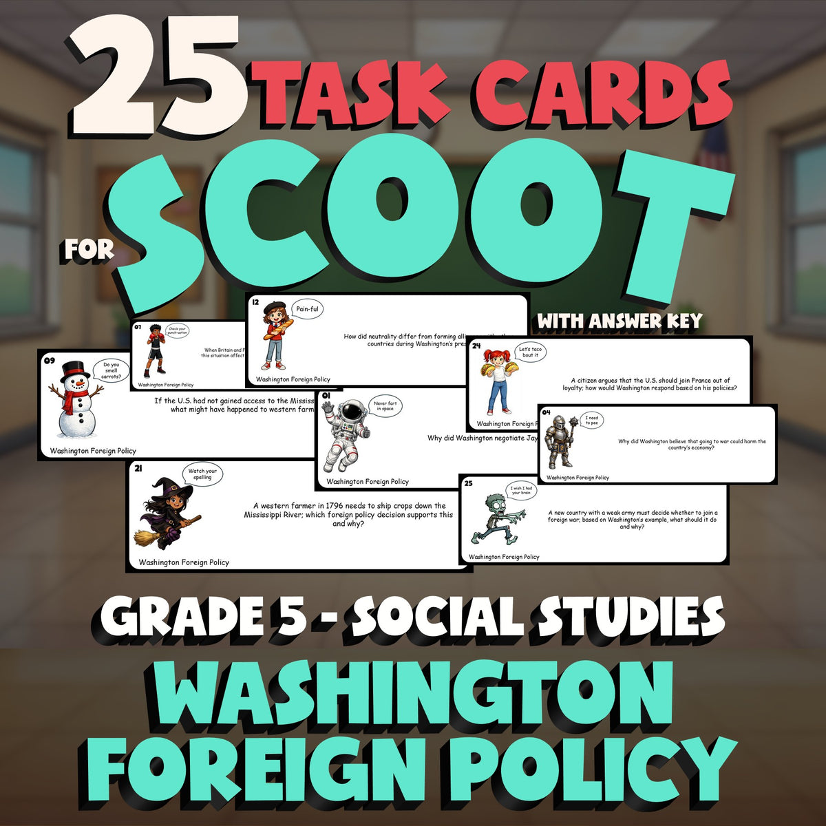 Washington Foreign Policy SCOOT TASK CARDS Socials Game - No Prep Grade 5 Review