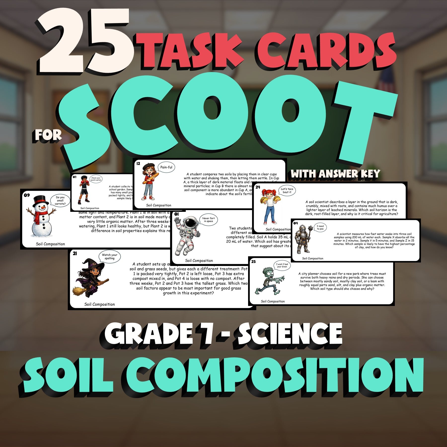 Soil Composition SCOOT TASK CARDS Science Game - No Prep Grade 7 Review Activity