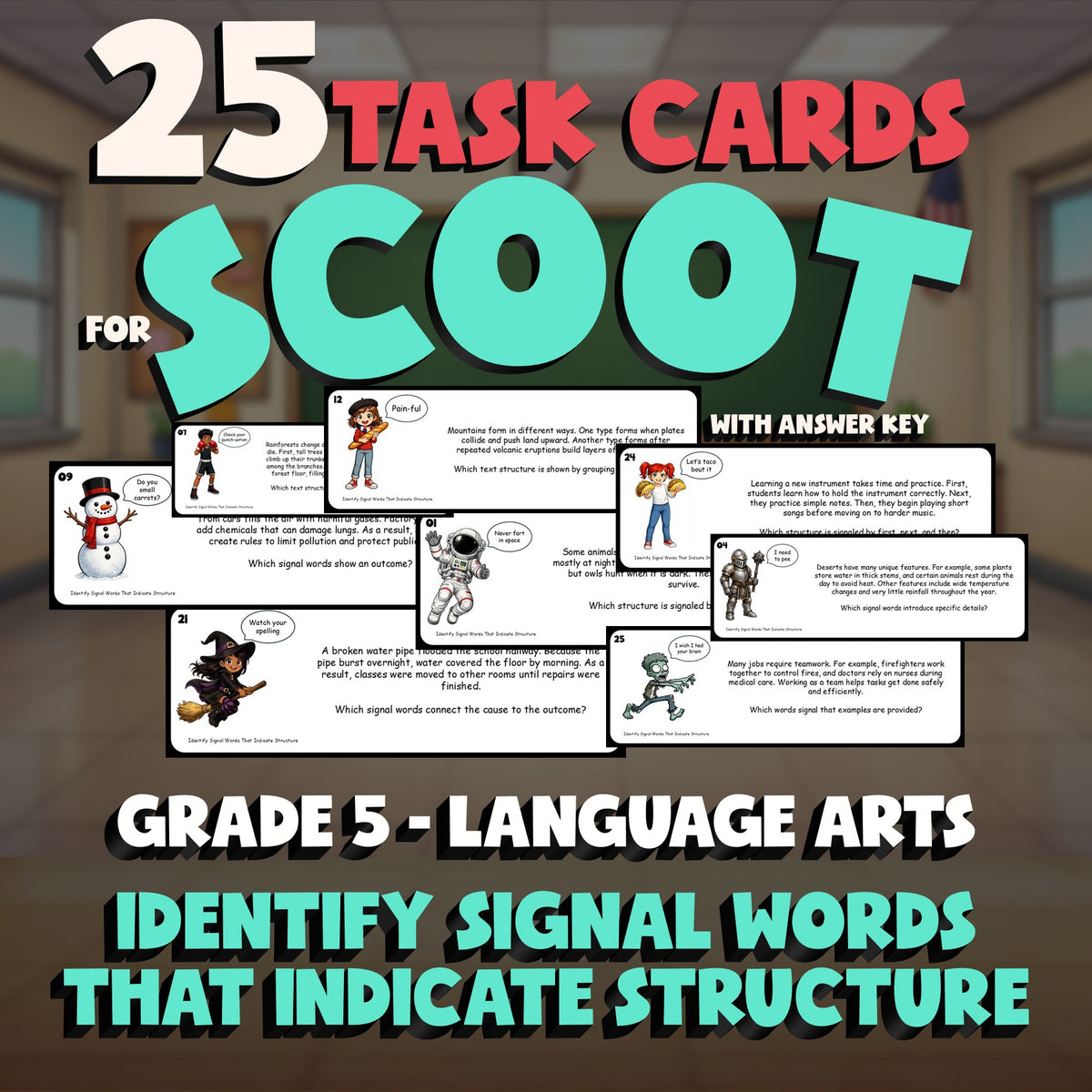 Identify Signal Words That Indicate Structure SCOOT TASK CARDS ELA Game Grade 5