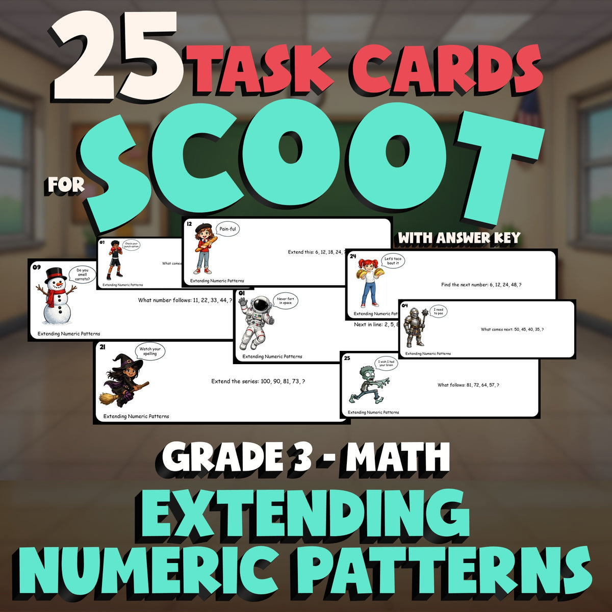 Extending Numeric Patterns SCOOT TASK CARDS Math Game - No Prep Grade 3 Review