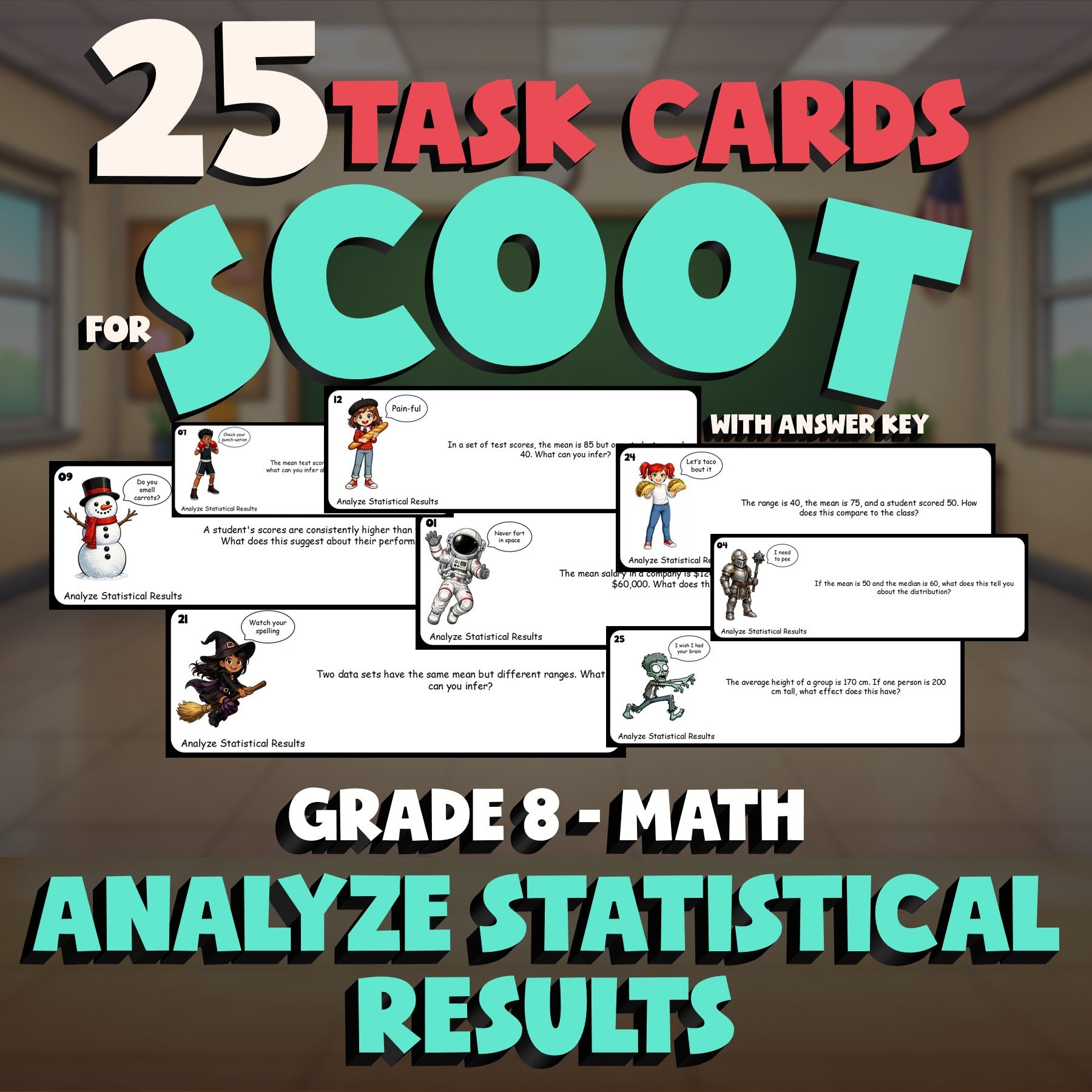 Analyze Statistical Results SCOOT TASK CARDS Math Game - No Prep Grade 8 Review