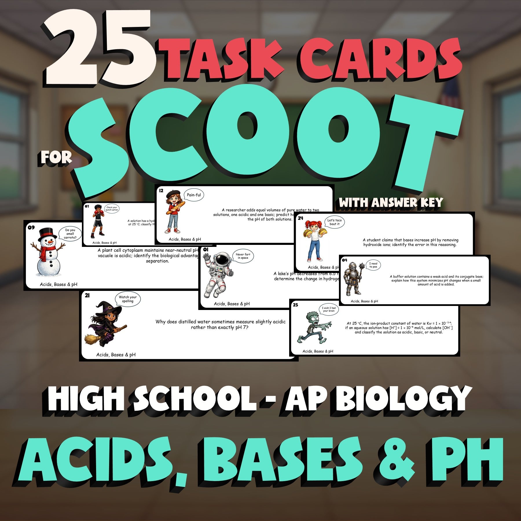 Acids, Bases & pH SCOOT TASK CARDS Science Game - No Prep AP Biology Review