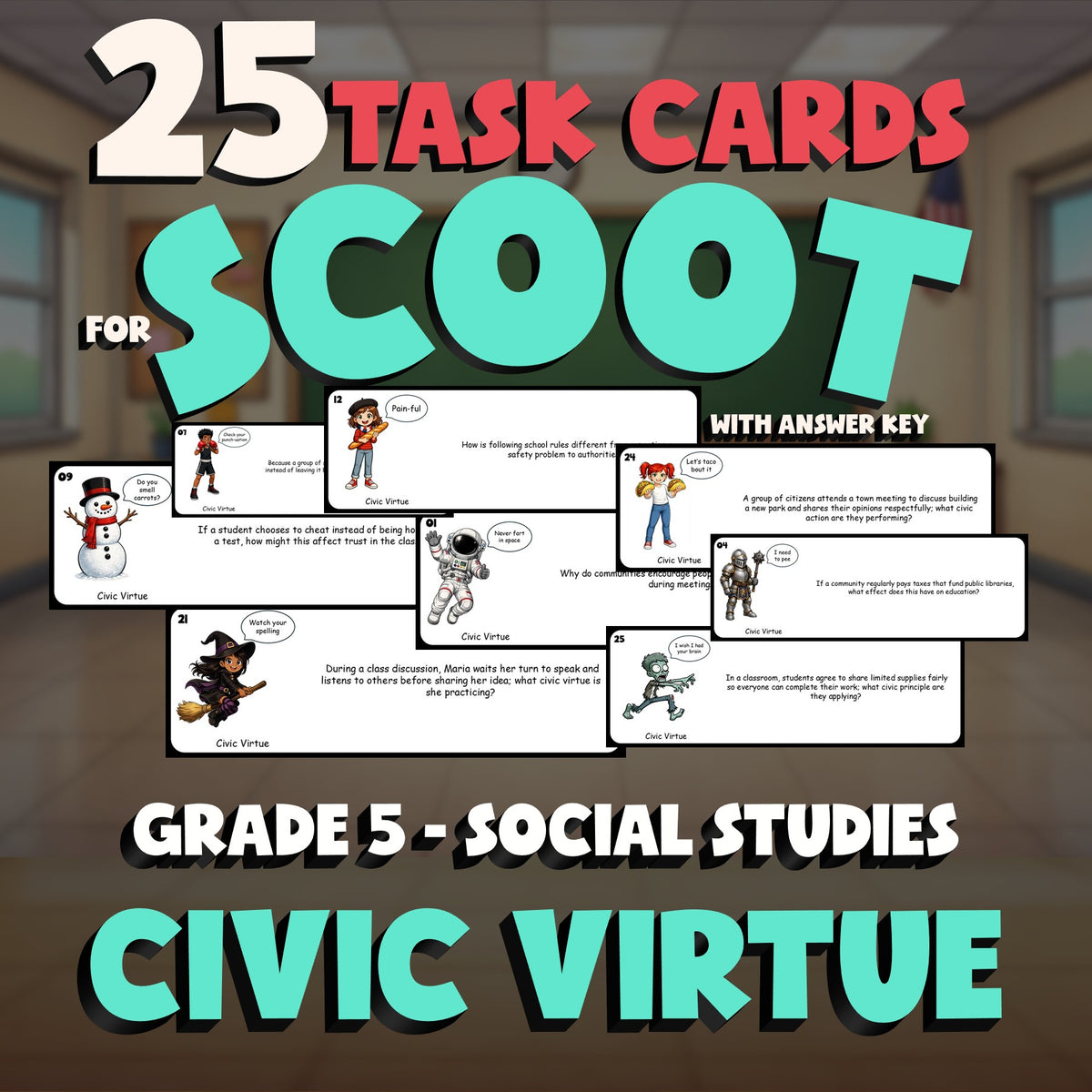 Civic Virtue SCOOT TASK CARDS Socials Game - No Prep Grade 5 Review Activity