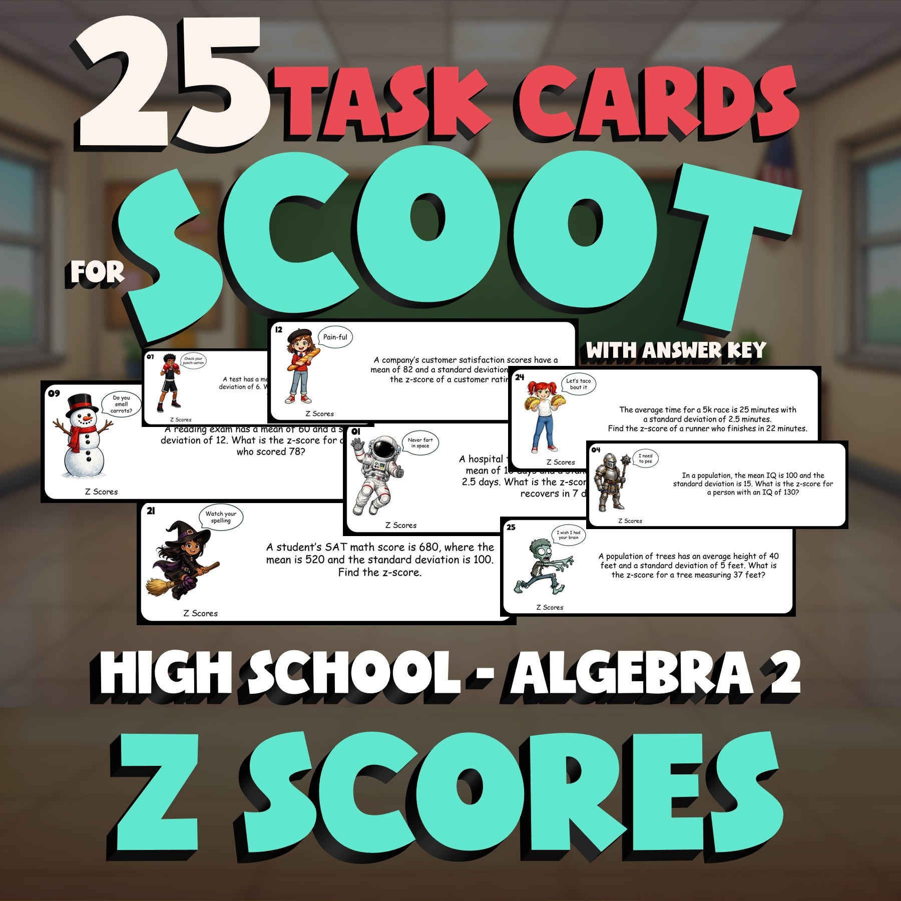 Z Scores SCOOT TASK CARDS Math Game - No Prep Algebra 2 Review Activity