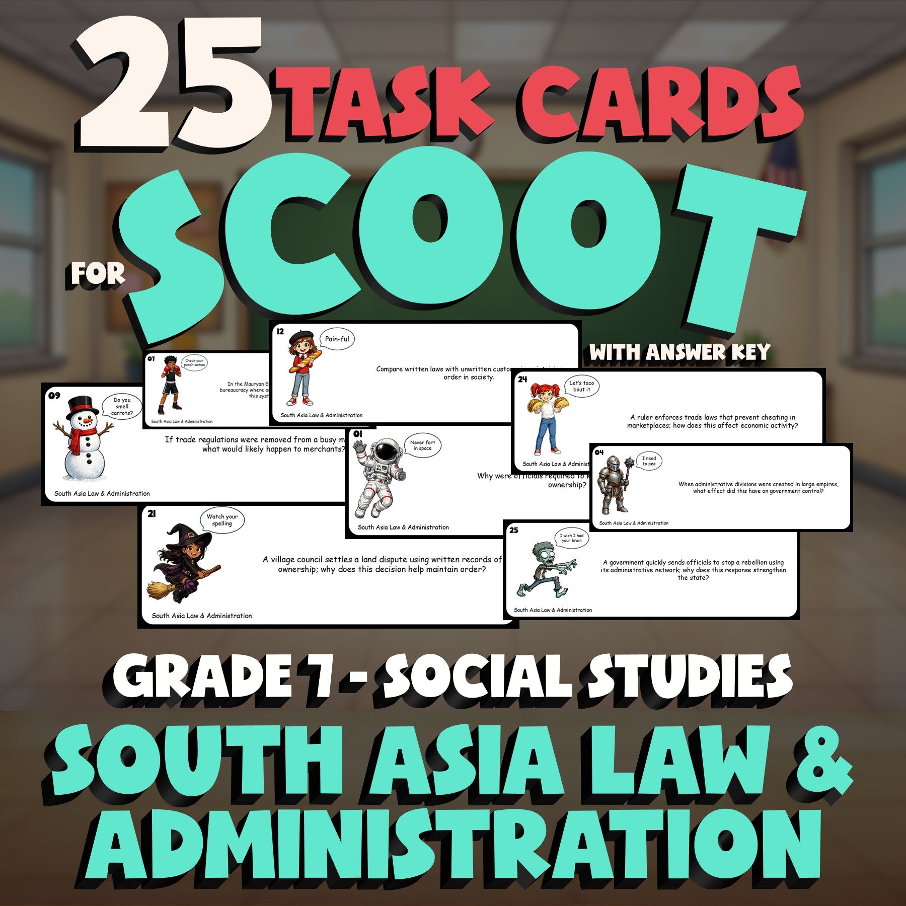 South Asia Law & Administration SCOOT TASK CARDS Socials Game - No Prep Grade 7