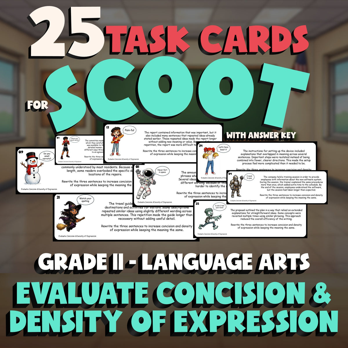 Evaluate Concision & Density of Expression SCOOT TASK CARDS ELA Game - Grade 11
