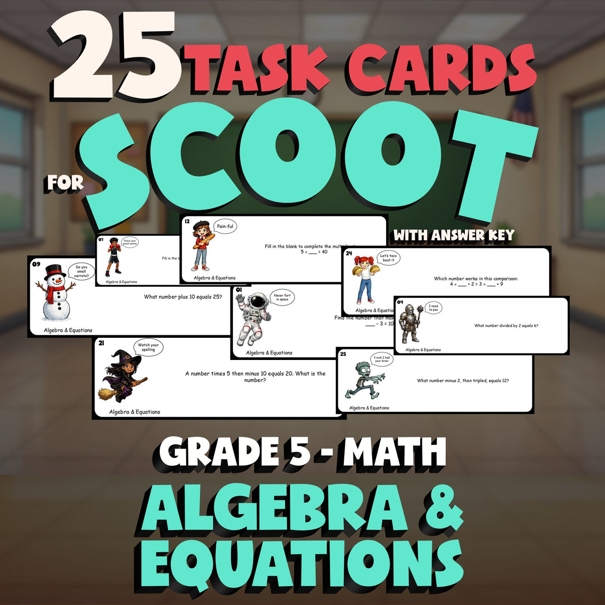 Algebra & Equations SCOOT TASK CARDS Math Game - No Prep Grade 5 Review Activity