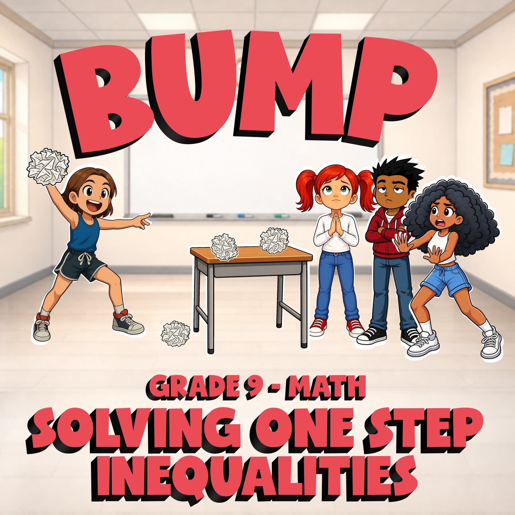 Solving One Step Inequalities BUMP Math Game - No Prep Grade 9 Review Activity