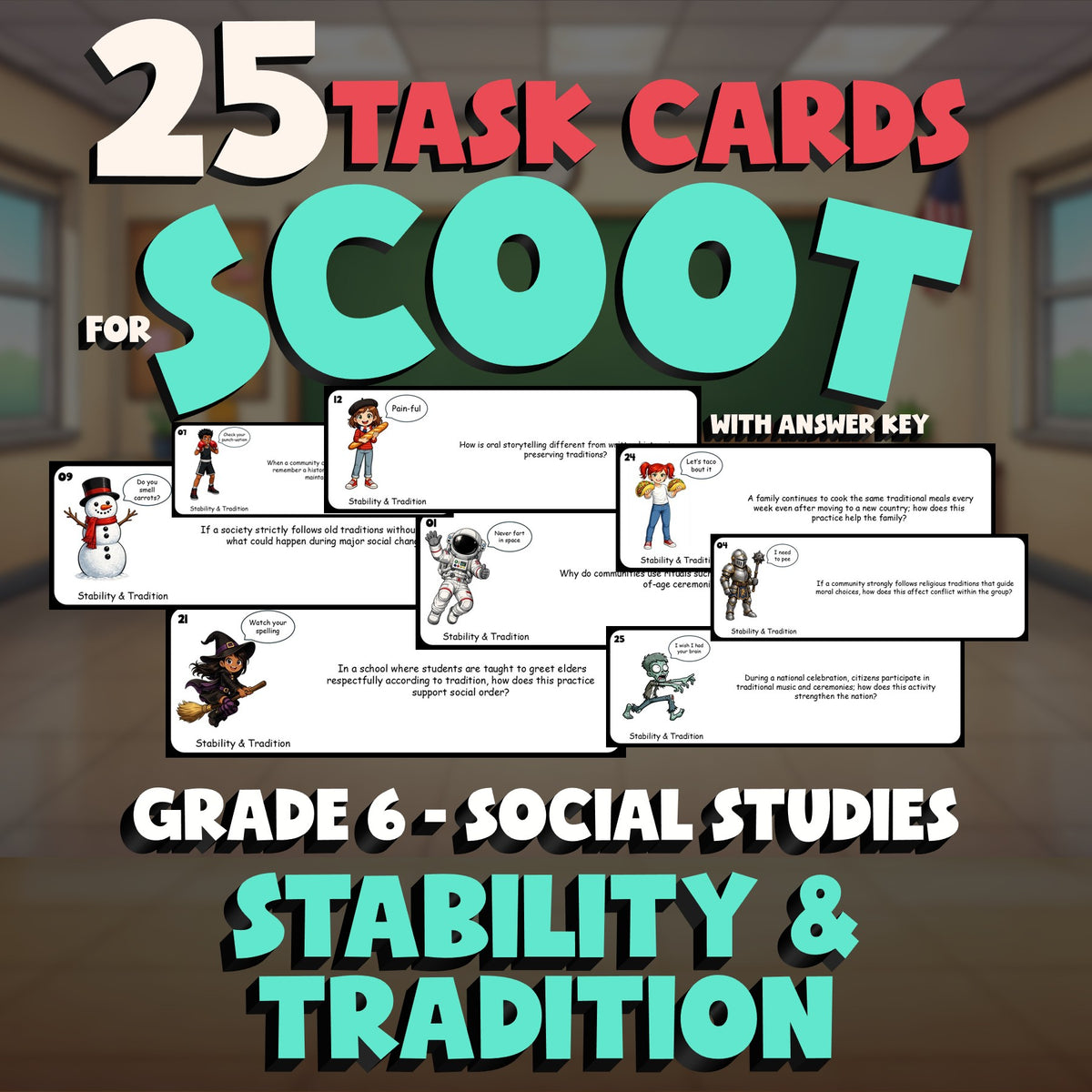 Stability & Tradition SCOOT TASK CARDS Socials Game - No Prep Grade 6 Review