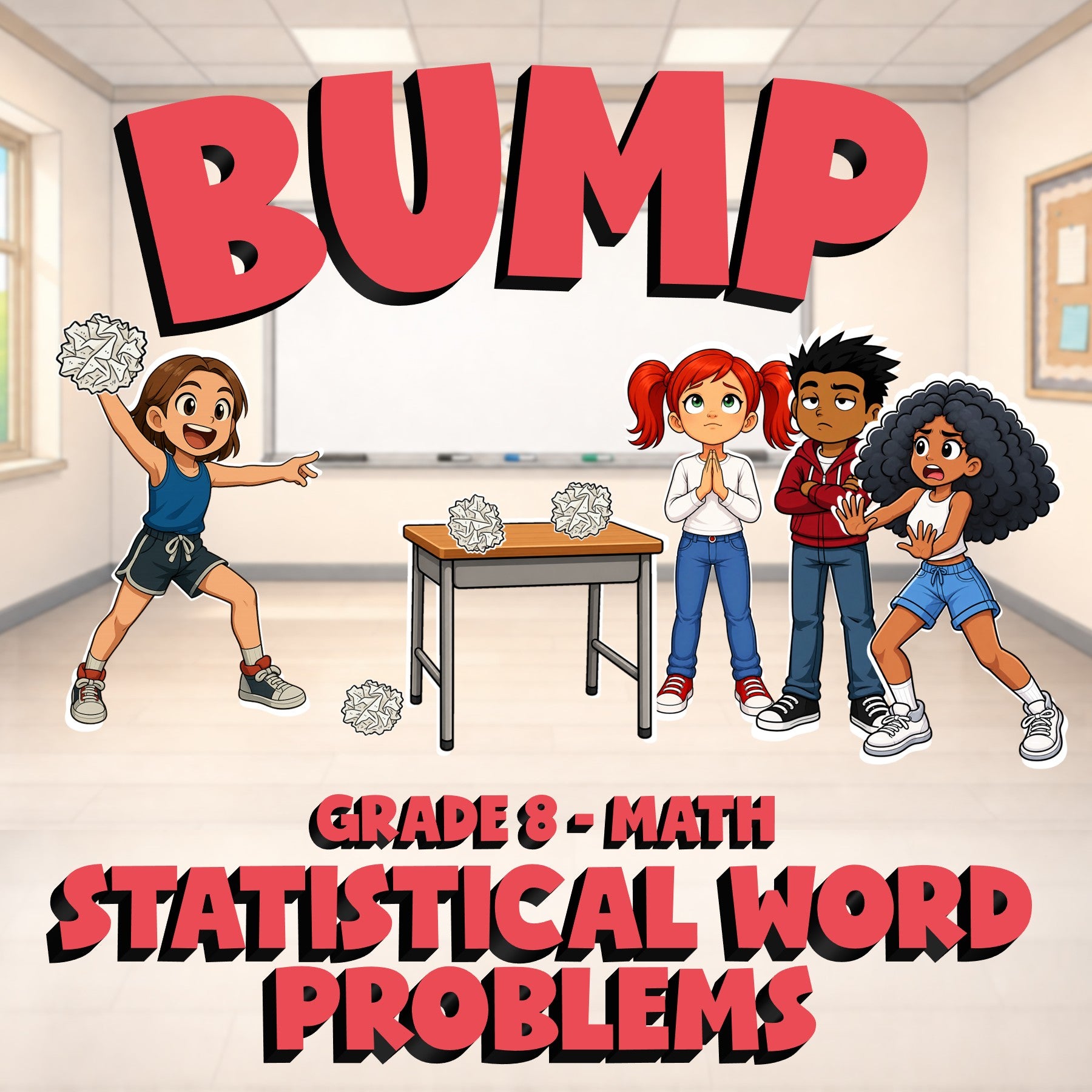 Statistical Word Problems BUMP Math Game - No Prep Grade 8 Review Activity