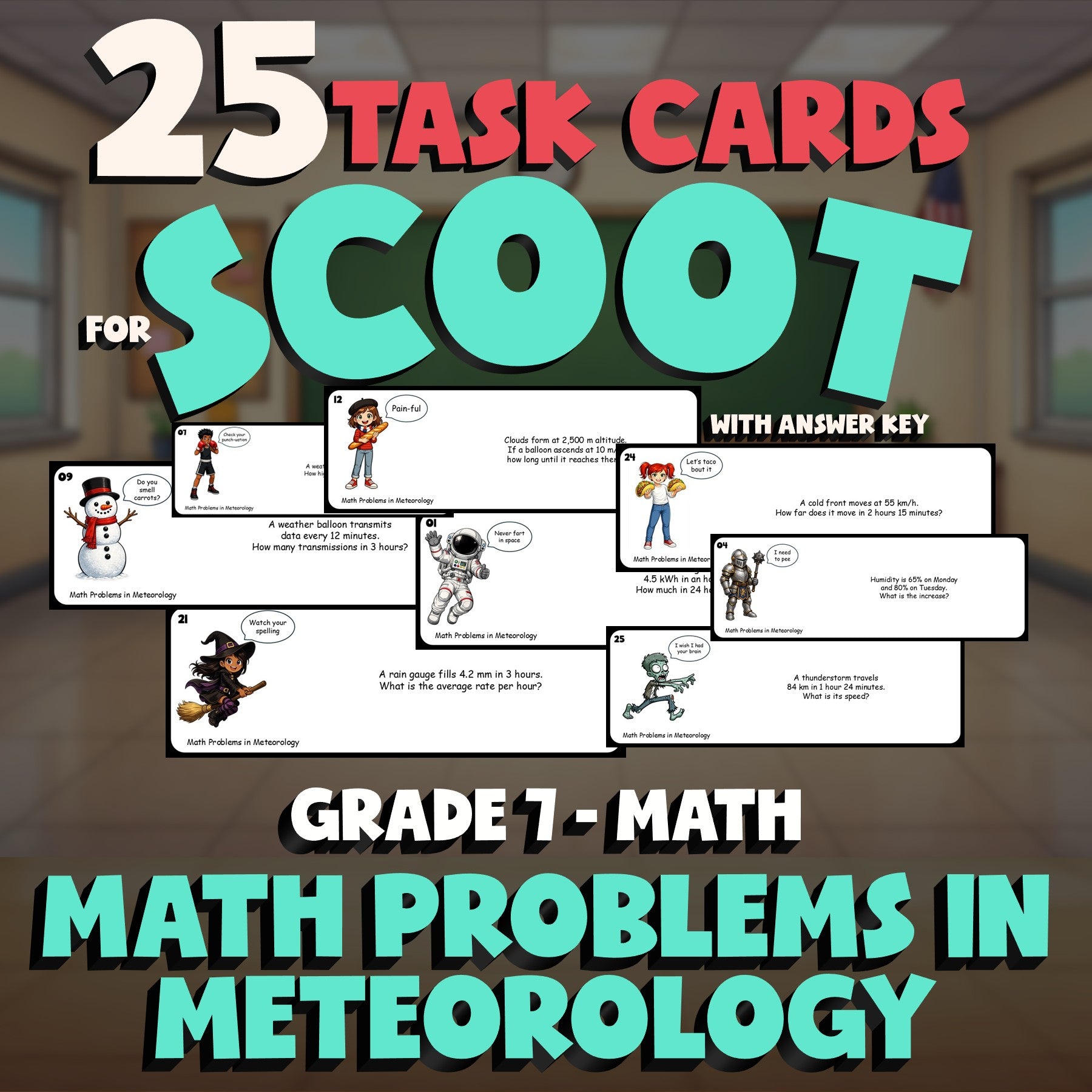 Math Problems in Meteorology SCOOT TASK CARDS Math Game - No Prep Grade 7 Review