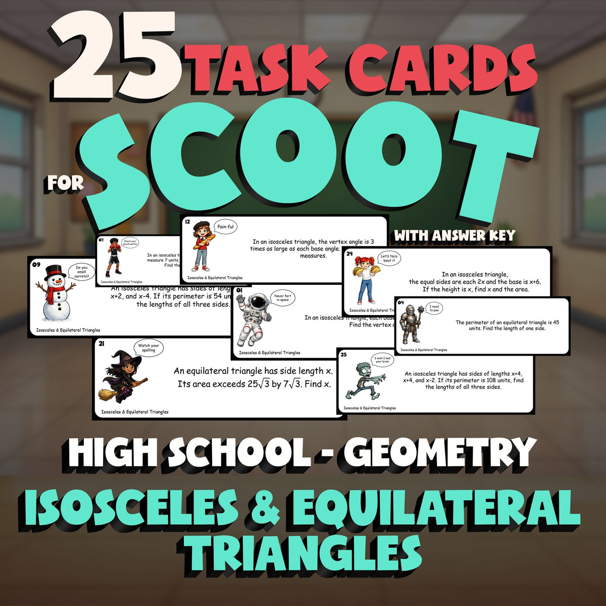 Isosceles & Equilateral Triangles SCOOT TASK CARDS Math Game - No Prep Geometry
