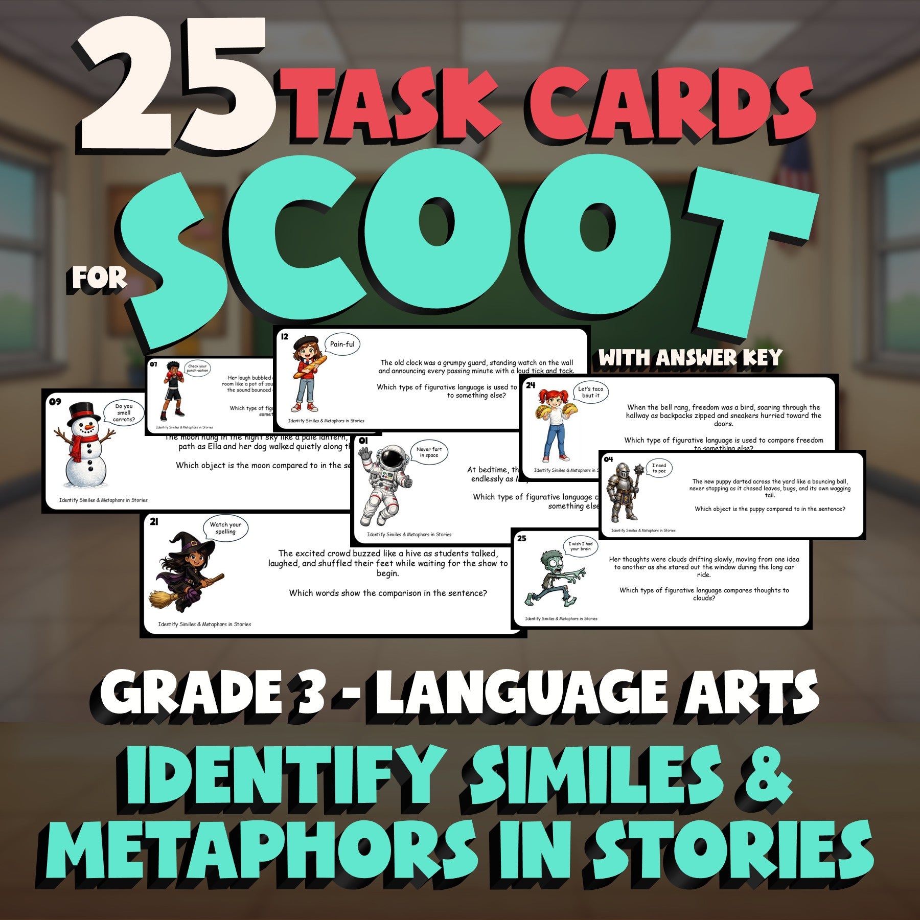 Identify Similes & Metaphors in Stories SCOOT TASK CARDS ELA Game - Grade 3