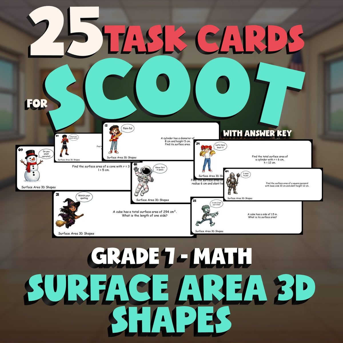 Surface Area 3D Shapes SCOOT TASK CARDS Math Game - No Prep Grade 7 Review
